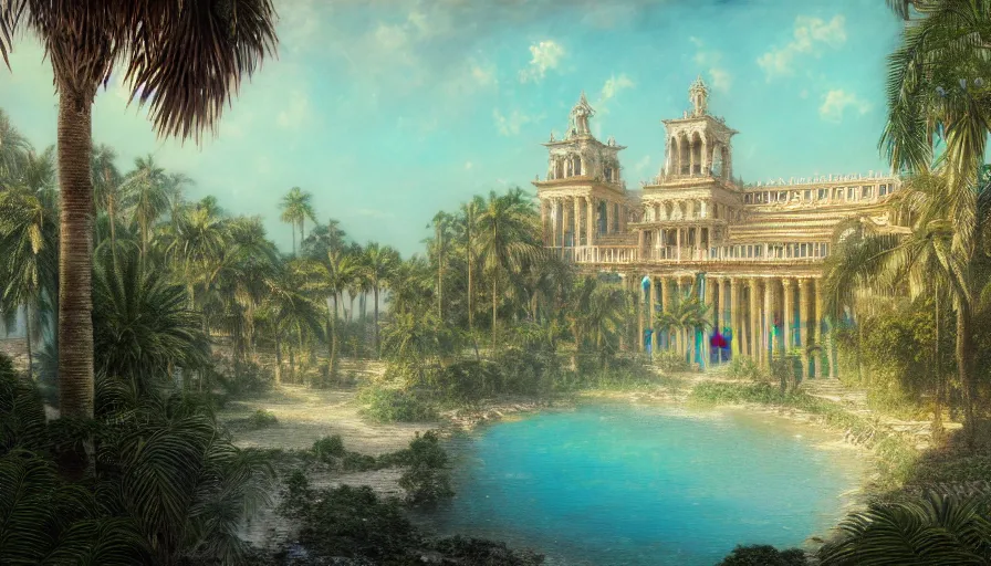 Image similar to a ultradetailed beautiful painting of the amazonas palace balustrade designed by gustave dore, derek zabrocki, greg rutkowski, belsinski, beach, trending on artstation, mediterranean, palm trees, sharp focus, colorful refracted sparkles and lines, soft light, 8 k 4 k