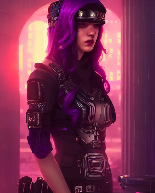 Prompt: portrait, attractive greek assassin, cyberpunk, purple hair, ornate practical black dress, neon lights, city, octane render, rossdraws, tom bagshaw, ross tran, charlie bowater, ruan jia, greg rutkowski, 1 6 k, warm, character illustration, headroom, symmetry