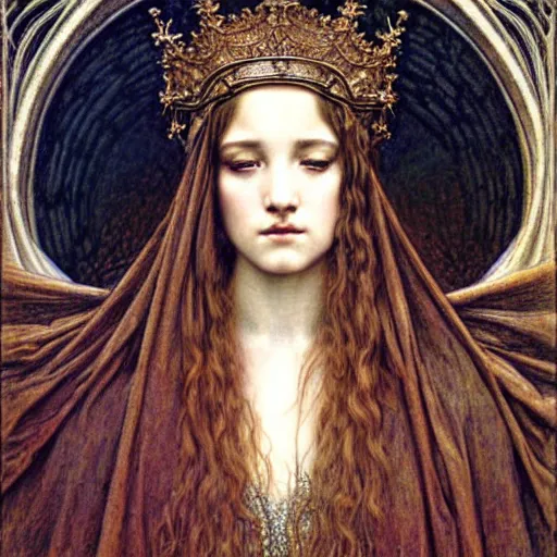 Image similar to detailed realistic beautiful young medieval queen face portrait by jean delville, gustave dore and marco mazzoni, art nouveau, symbolist, visionary, gothic, pre - raphaelite. horizontal symmetry