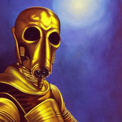 Prompt: ultra realistic portrait painting of skeletor as c 3 po, art by frank frazetta, 4 k, ultra realistic, highly detailed, epic lighting