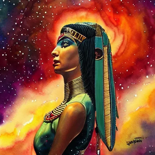 Prompt: cleopatra in space. watercolor. dramatic. amazing painting. formal. beautiful. high resolution. highly realistic. close - up. trending on artstation