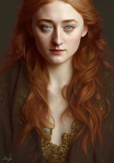 Prompt: sansa saoirse ronan, intricate, elegant, highly detailed, digital painting, artstation, concept art, smooth, sharp focus, illustration, art by artgerm and greg rutkowski and alphonse mucha and william - adolphe bouguereau