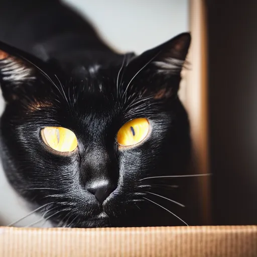 Image similar to a closeup depth of field shot of a black cat whose face is half black and half grey, perfectly split down the middle, laying in a box, photograph, bedroom, professional lighting and focus