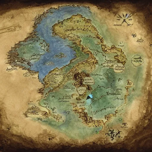 Prompt: simple fantasy map, the land of Odrua, several continents arranged in an arc, world of Lute, by JRR Tolkien and Brian Froud, fantasy map dungeons and dragons, trending on art station, oceans, continents