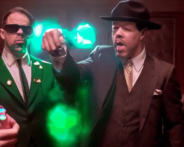 Image similar to mafia boss ( donnie wahlberg ) examines a magical glowing emerald ; scene from the modern hbo mini series / the outfit /, a supernatural mafia crime thriller about magical monster - hunting mafiosi in philadelphia, hd 8 k film photography, with modern supernatural horror aesthetic.