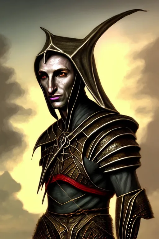 Prompt: hyperrealistic morrowind dunmer male nerevarine in front of a silk strider, 3 / 4 portrait, symmetrical face, handsome face, full body dnd character portrait, medieval armor, morrowind armor, oblivion armor, skyrim armor, eso armor, intricate, highly detailed, elegant, 4 k, artstation, deviantart