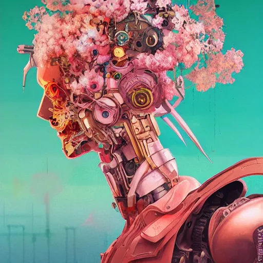 Image similar to surreal gouache painting, by yoshitaka amano, by ruan jia, by conrad roset, by kilian eng, by good smile company, detailed anime 3 d render of a mechanical android head with flowers growing out, portrait, cgsociety, artstation, modular patterned mechanical costume and headpiece, retrowave atmosphere