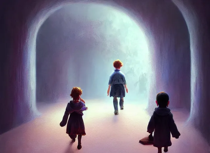 Prompt: a child walks through a hallway into dreams, fantastical surreal art, digital painting by dan volbert and mandy jurgens and deiv calviz and lim chuan shin