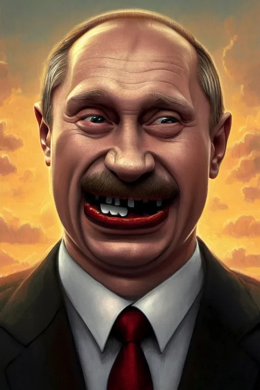 Image similar to vladimir putin as funny and stupid homer simpson, closeup, d & d, fantasy, intricate, elegant, highly detailed, digital painting, artstation, concept art, matte, sharp focus, illustration, hearthstone, art by artgerm and greg rutkowski and alphonse mucha