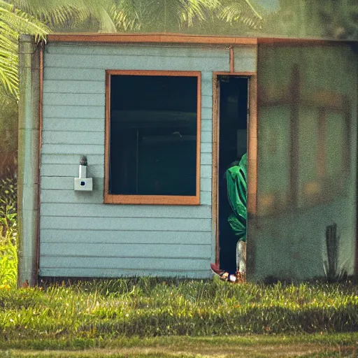 Image similar to a worker is sitting bored in front of a desk, it is inside a small cubicle which is completely surrounded by beautiful nature, bird perspective