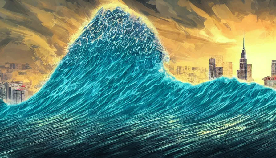 Prompt: a huge tidal wave approaches a large coastal city with skyscrapers, digital art, highly detailed, realistic, bright colors, 8 k