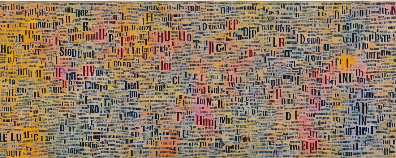 Image similar to a typographic painting of words and letters, by Marinetti, oil paint, Concrete poetry, futurism, abstract, collage, words, Highly Detailed