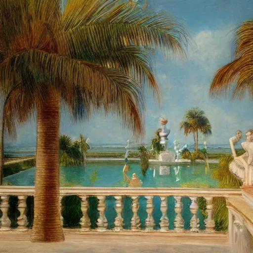 Image similar to a ultradetailed beautiful painting of a old fountain in the amazonas palace balustrade designed by jules bastien - lepage, tarsila do amaral, frank weston and gustave baumann, beach, trending on artstation, mediterranean, palm trees, sharp focus, soft light, 8 k 4 k