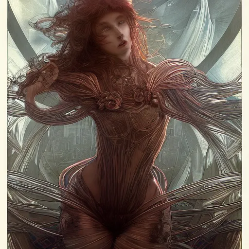 Image similar to a journey through a computer's nightmare, hyperdetailed, 4 k, trending on artstation, dark and gloomy, cinematic, by artgerm, yoshitaka amano, moebius, alphonse mucha