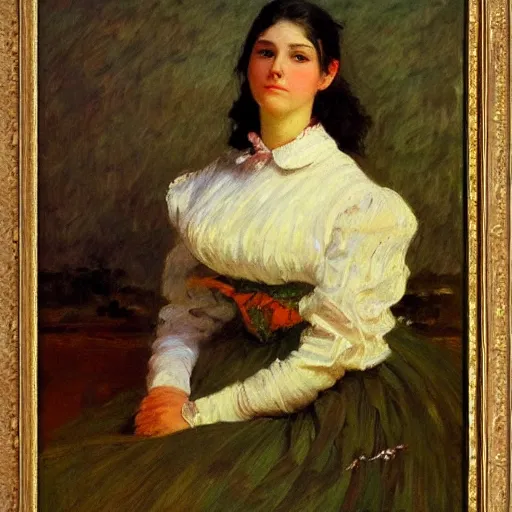 Image similar to portrait of a young woman, impressionism, realism, landscape, portrait, romanticism, painting by nikolay makovsky