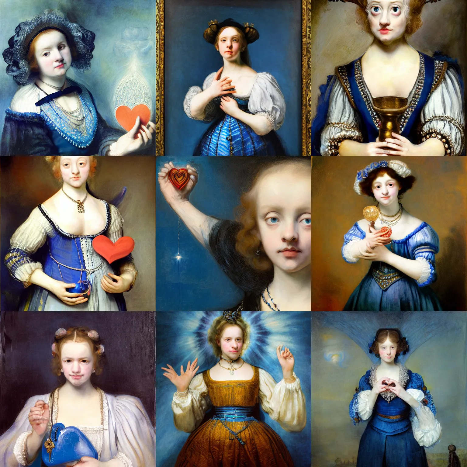 Prompt: Young beautiful girl with fractured white face holds blue surreal ornate heart in her hands, the long shot, dramatic lighting, high-detailed oil painting by Rembrandt and William Blake, masterpiece, 4k