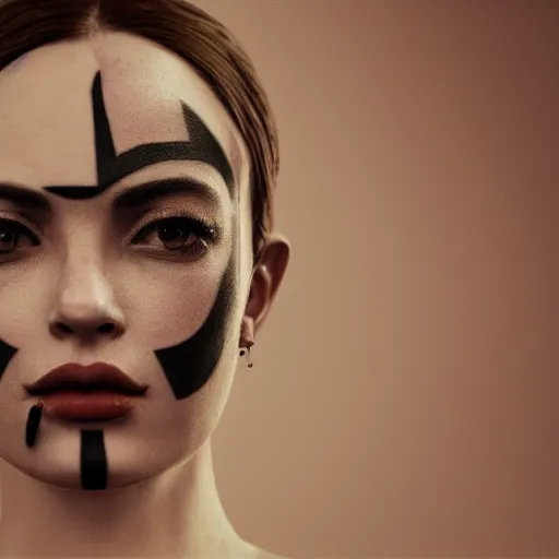 Image similar to face tattoo, minimalistic aesthetics, geometric figures, stunning photo, cinematic lighting, perfect composition, 8K, ultra-detailed , Trending on artstation, Octane render, Unreal Engine, highly detailed