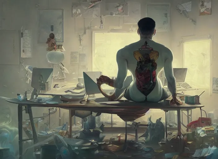 Image similar to an insanely detailed painting of an asian man wearing a homemade superhero costume, sitting at a desk, staring seriously at the computer and typing, in the style of peter mohrbacher, james jean, ruan jia, dramatic lighting and composition, surreal background, octane render, pixar, trending on artstation, concept art, comic book, view from behind, 8 k