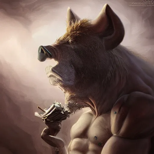 Prompt: a portrait of a boar wearing a white suit, muscular, smoking a cigar, gorgeous, intricate, elegant, volumetric lighting, scenery, high detail digital art, smooth, tony sart, randy vargas, sharp focus, illustration, concept art