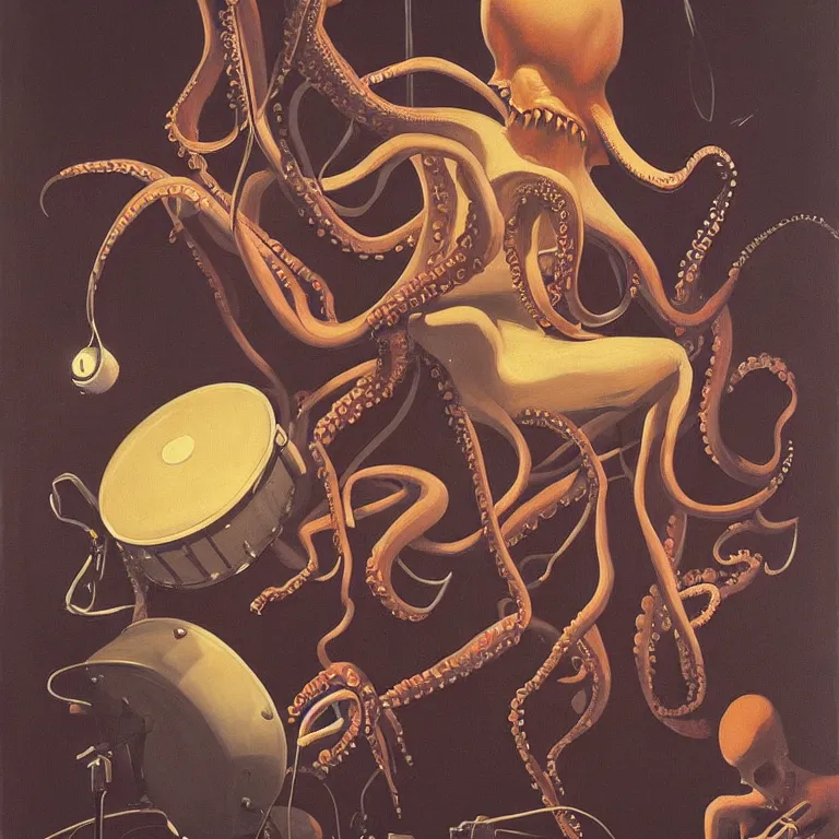 Image similar to a beautiful painting by etam cru of an octopus playing drums and telecaster guitar in an electronic concert, dark background, concert light, dark mood, warm lights