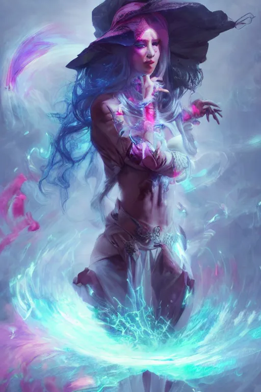 Image similar to beautiful girl necromancer, witch - doctor exploding into rainbow velvet, angels, 3 d render, hyper - realistic detailed portrait, holding fire and electricity, ruan jia, wlop. scifi, fantasy, magic the gathering, hyper detailed, octane render, concept art, peter mohrbacher