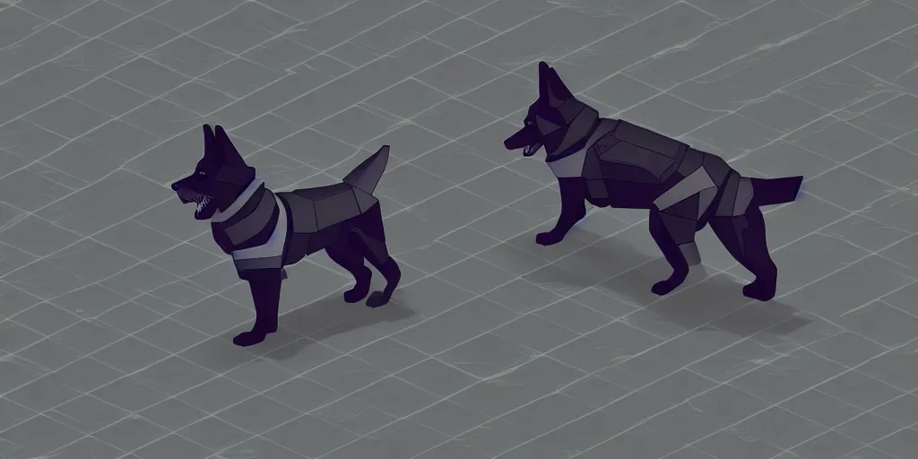 Image similar to Isometric render of a cyberpunk german Shepard made of robot parks, sleek design