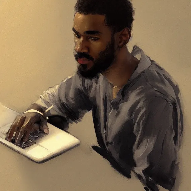 Prompt: a lightskinned black man with short hair, shaved beard, using a macbook, portrait, elegant, intricate, digital painting, artstation, concept art, smooth, sharp focus, illustration, art by konstantin korovin and daniel f. gerhartz and john howe