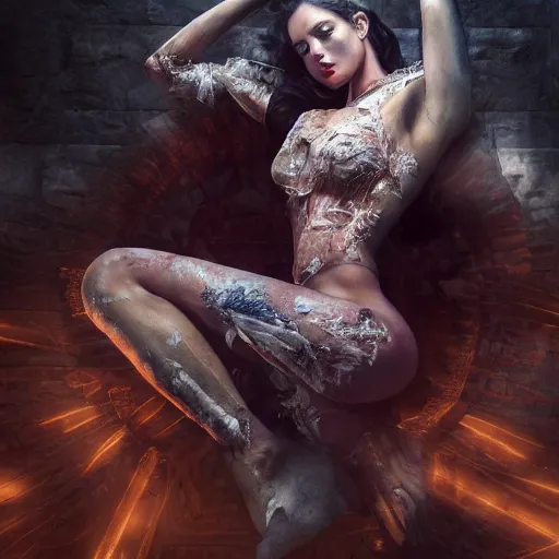 Image similar to full body pose, hyperrealistic mixed media painting of a beautiful seductive woman, dim volumetric lighting, 8 k, octane beautifully detailed render, extremely hyper detailed, intricate, epic composition, cinematic lighting, masterpiece, trending on artstation, very very detailed, masterpiece, stunning, hdr, smooth, sharp focus, high resolution, award, winning photo, dslr, 5 0 mm