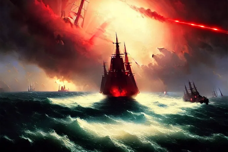 Image similar to A beautiful matte painting of huge spherical alien spaceship attacking with powerful red lasers a Sailship in ocean in thunderstorm by Greg Rutkowski and Ivan aivazovsky