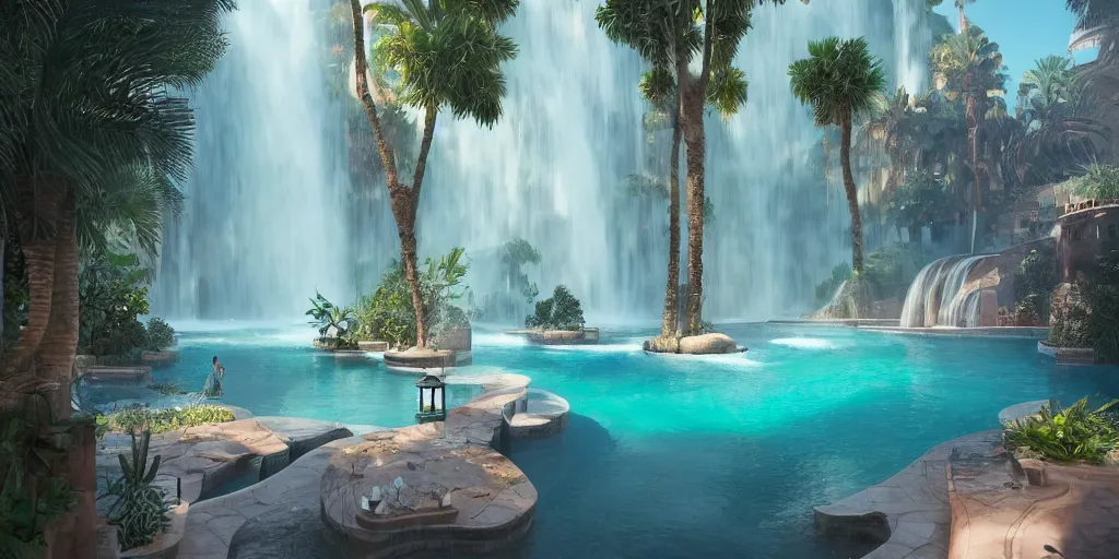 Prompt: beautiful pool waterfalls surrounded by palm trees, moroccan tile archways, industrial buildings, ivory towers, sun setting, ross tran, fantasy, james jean, peter morbacher, angelarium, alchemy, luxury, heavenly light, soft illumination, trending on artstation, cinematic lighting, digital painting, octane render, artgerm