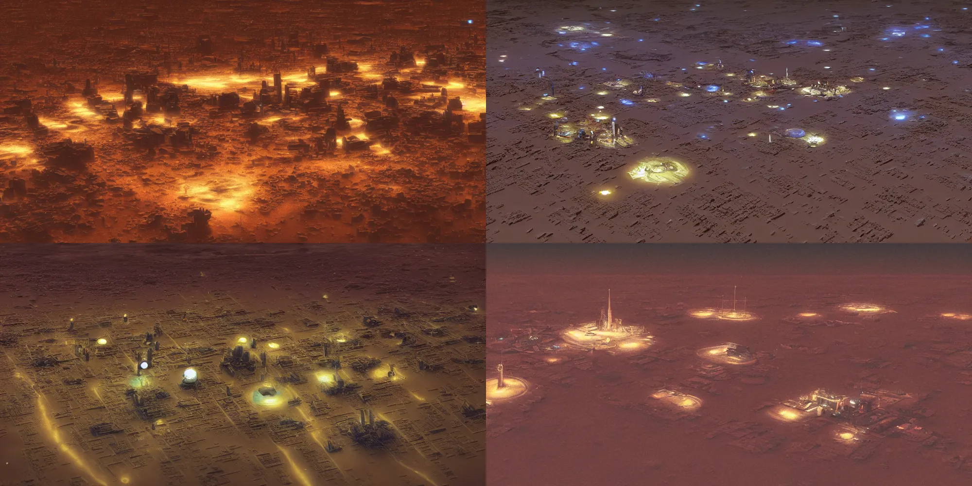 Prompt: Tilt shift photography of the first city on Mars at night, in the style of Vincent Di Fate and John Berkey