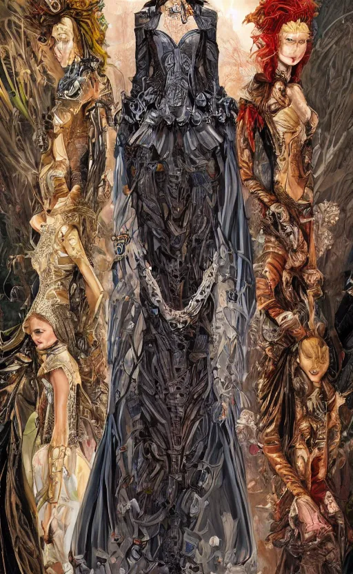 Image similar to fashion model walking down a catwalk, elaborate dress by alexander mcqueen, art by michael whelan and chris moore and howard david johnson and tim white and dan giancola