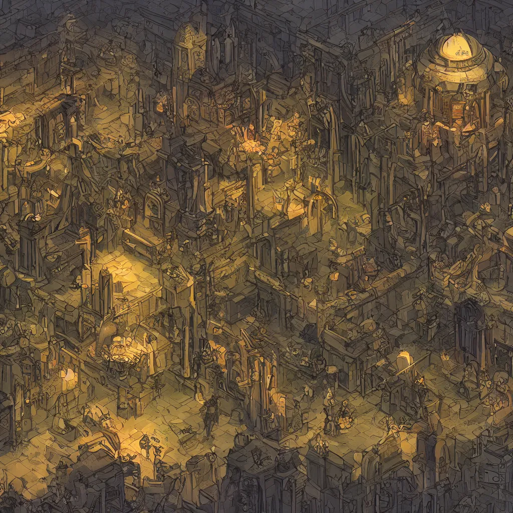 Image similar to An intensely bureaucratic villains lair with dozens of henchman doing paperwork, gridless DND map, 8k digital art, high quality,