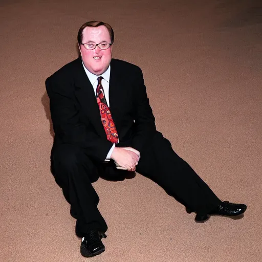 Prompt: 2 0 0 7 john lasseter is wearing a black suit and necktie. he is sitting is a chair, changing shoes from a pair of black lace - ups to a pair of black penny loafers