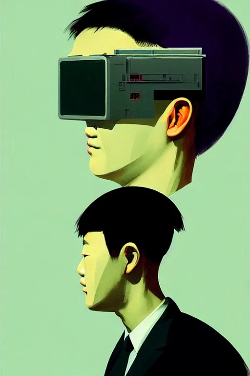 Image similar to north korean hacker wearing oculus and digital glitch head edward hopper and james gilleard zdzislaw beksisnski higly detailed