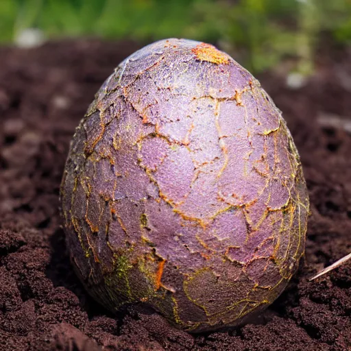 Image similar to hyper-realistic photo of a mystial dragon egg sitting in the dirt, clos up shot, 8K