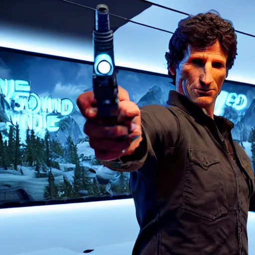 Prompt: todd howard pointing a gun towards the camera and forcing you to buy skyrim, threatening, sharp, cinematic, colorful, digital, neon, bright, cyberpunk