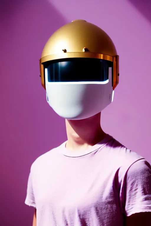 Image similar to a high definition film photograph of a normal androgynous robot human wearing a plain white t - shirt, in a pastel pink room. happy. metal visor covering eyes. metallic shiny gold coloured helmet. crushed shadows.