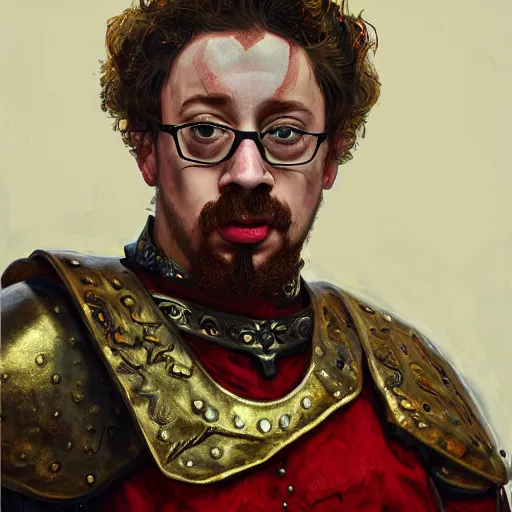Image similar to Sam Hyde as a Roman warrior wearing gold and red armor, elegant suit, looking at bloody fist, portrait art by James Jean, highly detailed, digital painting, concept art, illustration, dim lighting with twilight rays of sunlight, trending on artstation, very detailed, smooth, sharp focus, octane render, close up