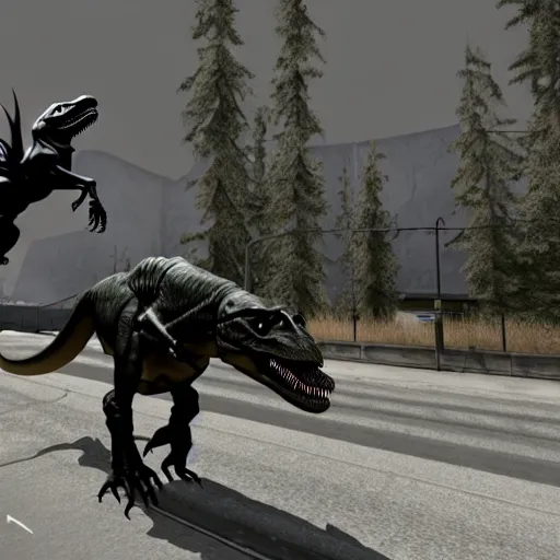 Image similar to a guard riding a t-rex in Half-Life 2