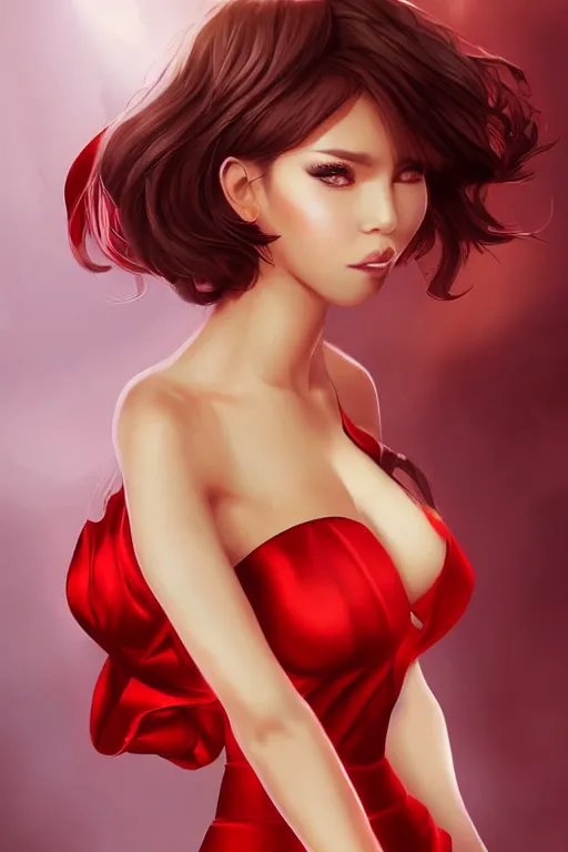 Prompt: Tanned beauty portrait, short red satin dress by Artgerm and WLOP, Pixiv