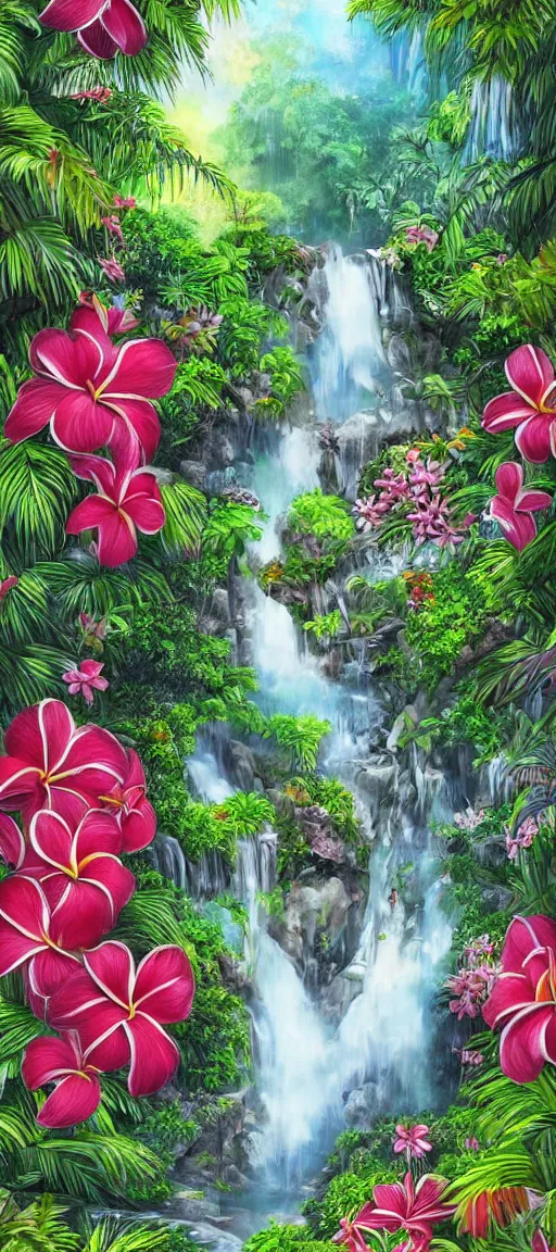 Image similar to cascading concept art of an exotic garden with waterfall pools, and flowers and palm trees, plumeria, hibiscus, detailed, highly detailed, aesthetic, realistic, hyper realism, colorful, in depth, intricate,