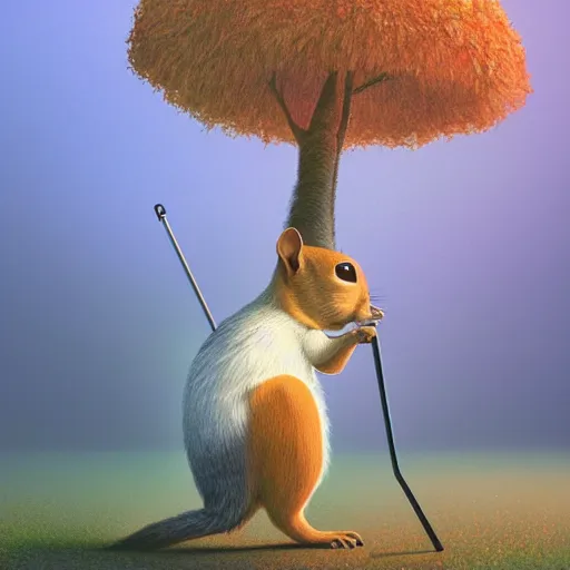 Image similar to an old squirrel walking with a walking cane, painted by Mike Winkelmann