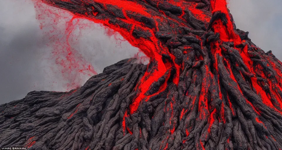 Prompt: a volcano made of ivory vines and crimson rocks enters in eruption, it spits a smoke in the shape of demonic eye, by Steve Argyle