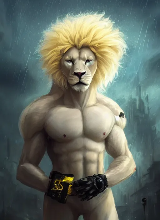 Image similar to aesthetic portrait commission of a of a male fully furry muscular anthro albino lion with a tail and a beautiful attractive hyperdetailed face wearing stylish and creative torn open black and yellow heavy outfit in a sci-fi dystopian city at golden hour while it storms in the background with bright police sirens lighting up the subject. Character design by charlie bowater, ross tran, artgerm, and makoto shinkai, detailed, inked, western comic book art, 2021 award winning painting