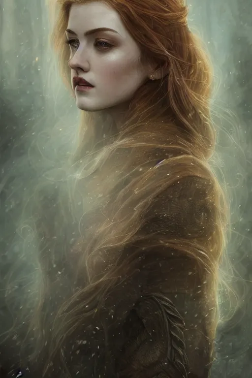 Image similar to majestic and regal portrait of katherine mcnamara, intricate, epic, elegant, menacing, fantasy, highly detailed, digital painting, hard focus, beautiful volumetric lighting, epic light, ultra detailed, horror, souls, ghosts, smoke by leesha hannigan, ross tran, thierry doizon, kai carpenter, ignacio fernandez rios