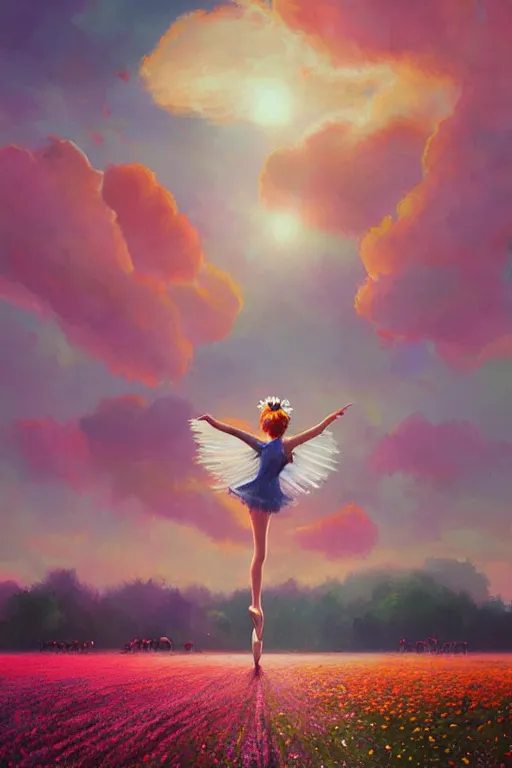 Image similar to giant white daisies flower as head, girl ballet dancing in a flower field, surreal photography, sunrise, dramatic light, impressionist painting, colorful clouds, digital painting, artstation, simon stalenhag