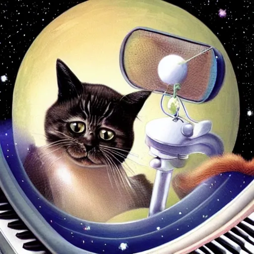 Prompt: a cat playing a piano in space