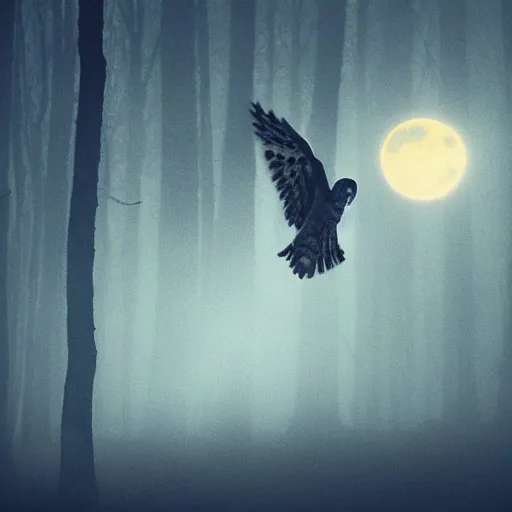Prompt: tattoo of owl flying at night through fog in the forest lit by the full moon