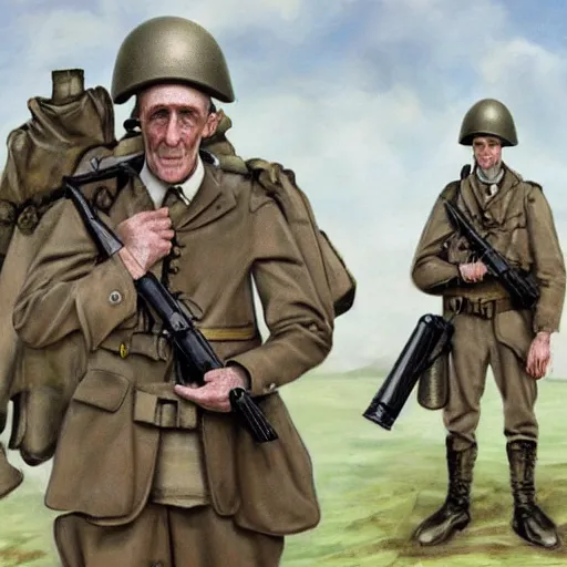 Prompt: Squidward as an English soldier fighting at Normandy, hyperrealistic